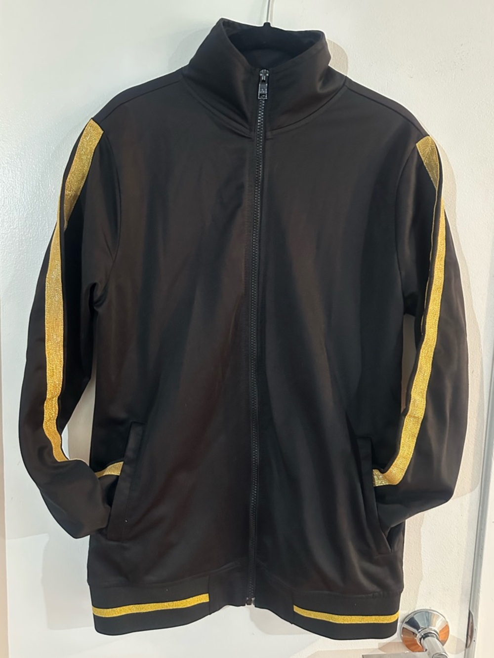 Men's Black Track Jacket with Sparkly Gold Stripes. Fits like a Women’s m/l